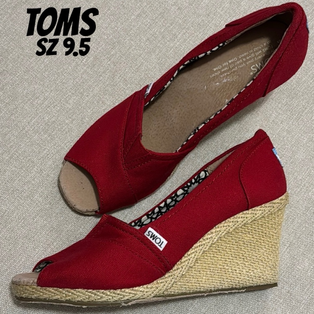 Toms Espadrille Wedge Peep Toe Sandals-Sz 9.5-Red Cotton Cloth